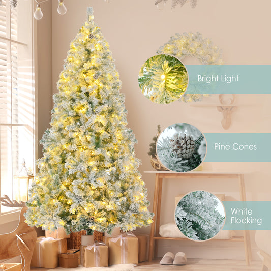 6 Feet Snow Covered Christmas Tree, Pre-Installed Light Set With Tree & Garland & Garland, Artificial Hinged Christmas Tree With Colored LED Lights, 8 Lighting Modes, Pine Cone, Home Holiday Decoratio