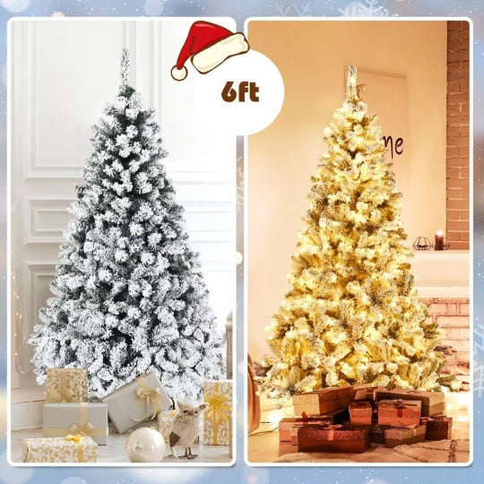 6ft Pre-Lit Snow Flocked Christmas Tree, Holiday Artificial Christmas Tree With  Branch Tips, 250 Warm White Lights