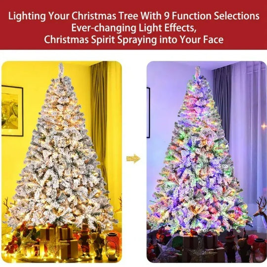 7.5ft Pre-Lit Artificial Christmas Tree Snow Flocked Xmas Tree W  Remote-Controlled 550 Multi-Color Lights Decor