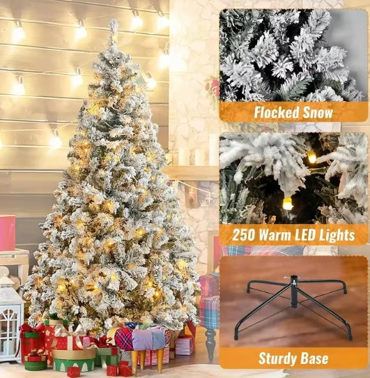 6ft Pre-Lit Snow Flocked Christmas Tree, Holiday Artificial Christmas Tree With  Branch Tips, 250 Warm White Lights