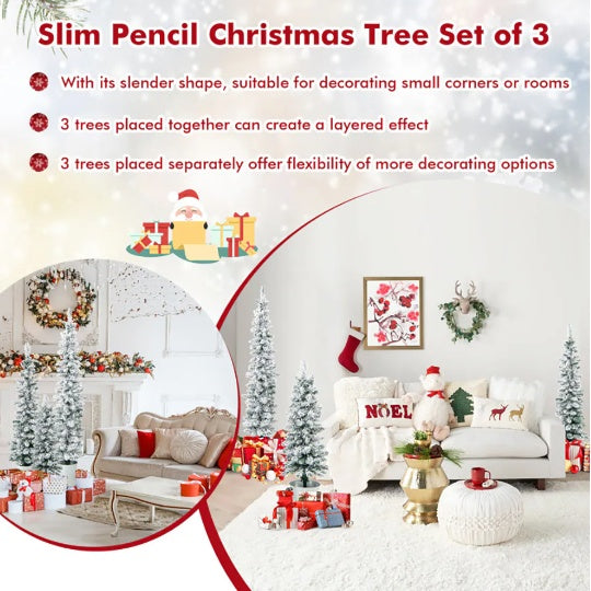 3 Pcs Set Potted Artificial Christmas Tree Snow Flocked Slim Pencil Christmas Tree