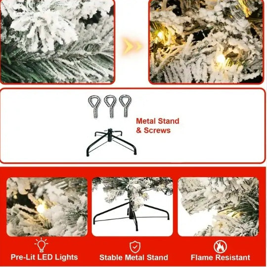 6ft Pre-Lit Snow Flocked Christmas Tree, Holiday Artificial Christmas Tree With  Branch Tips, 250 Warm White Lights