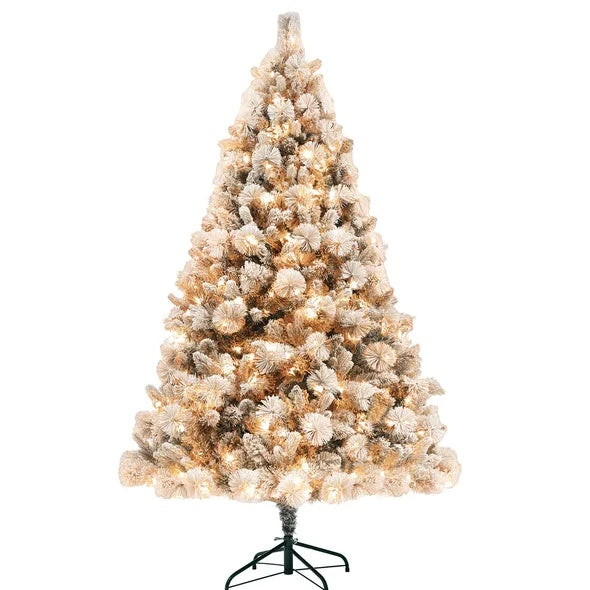 HOMCOM 6.5 Ft Pre-Lit Artificial Christmas Tree With 350 Clear Lights And 1107 Tips, Snow Flocked Christmas Tree With Metal Stand, Hinged Xmas Tree For Home Office Holiday, Green