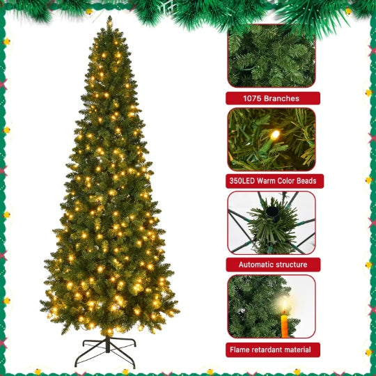 7.5Ft Pre-Lit Premium Snow Flocked Hinged Artificial Christmas Tree With 350 Lights