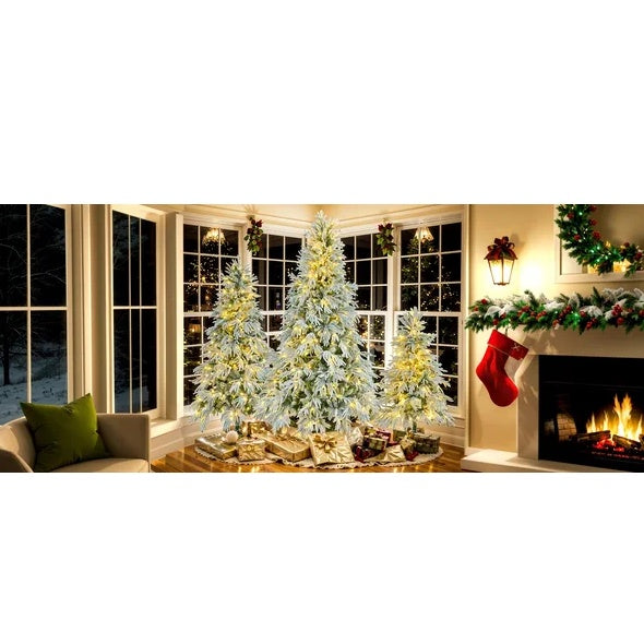 6FT Pre-Lit Spruce Snow Flocked Christmas Tree, Artificial Hinged Xmas Tree With 300 Multi-Color LED Lights, 8 Flashing Modes &790 Snow Branch Tips, Holiday Office Home