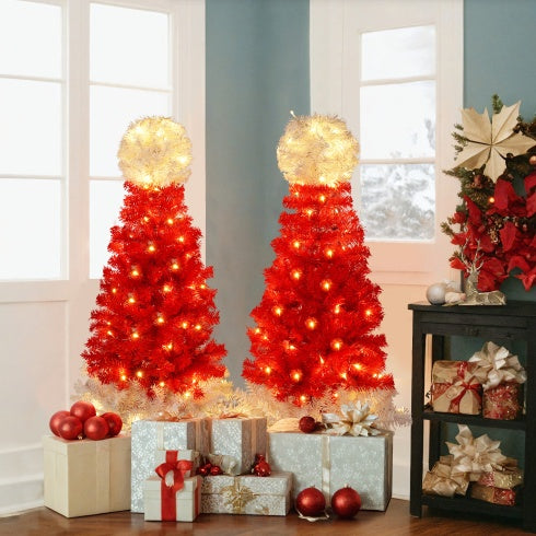 Lighted Santa Hat Style Christmas Tree Set Of 2, 4ft Artificial Tree With Warm White Lights, Christmas Tree For Decoration Inside And Outside