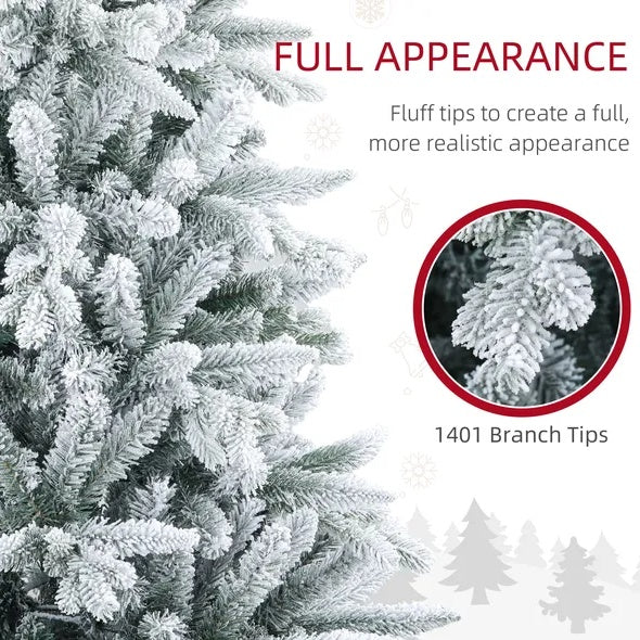 7 Ft Snow Flocked Artificial Christmas Tree With 1401 Tips, Foldable Metal Stand, Easy Assembly, Hinged Xmas Tree For Home, Office, Holiday, Green