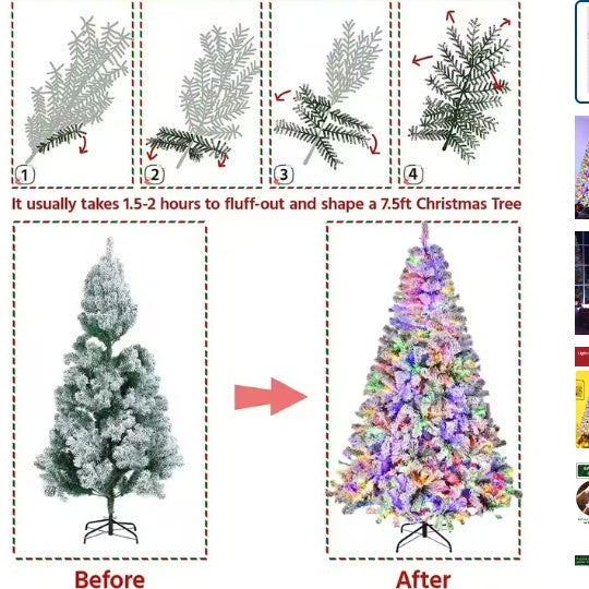 7.5ft Pre-Lit Artificial Christmas Tree Snow Flocked Xmas Tree W  Remote-Controlled 550 Multi-Color Lights Decor