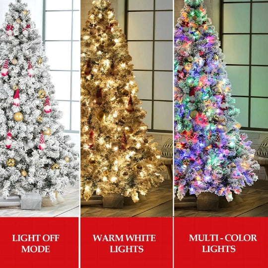 7.5ft Pre-Lit Artificial Christmas Tree Snow Flocked Xmas Tree W  Remote-Controlled 550 Multi-Color Lights Decor