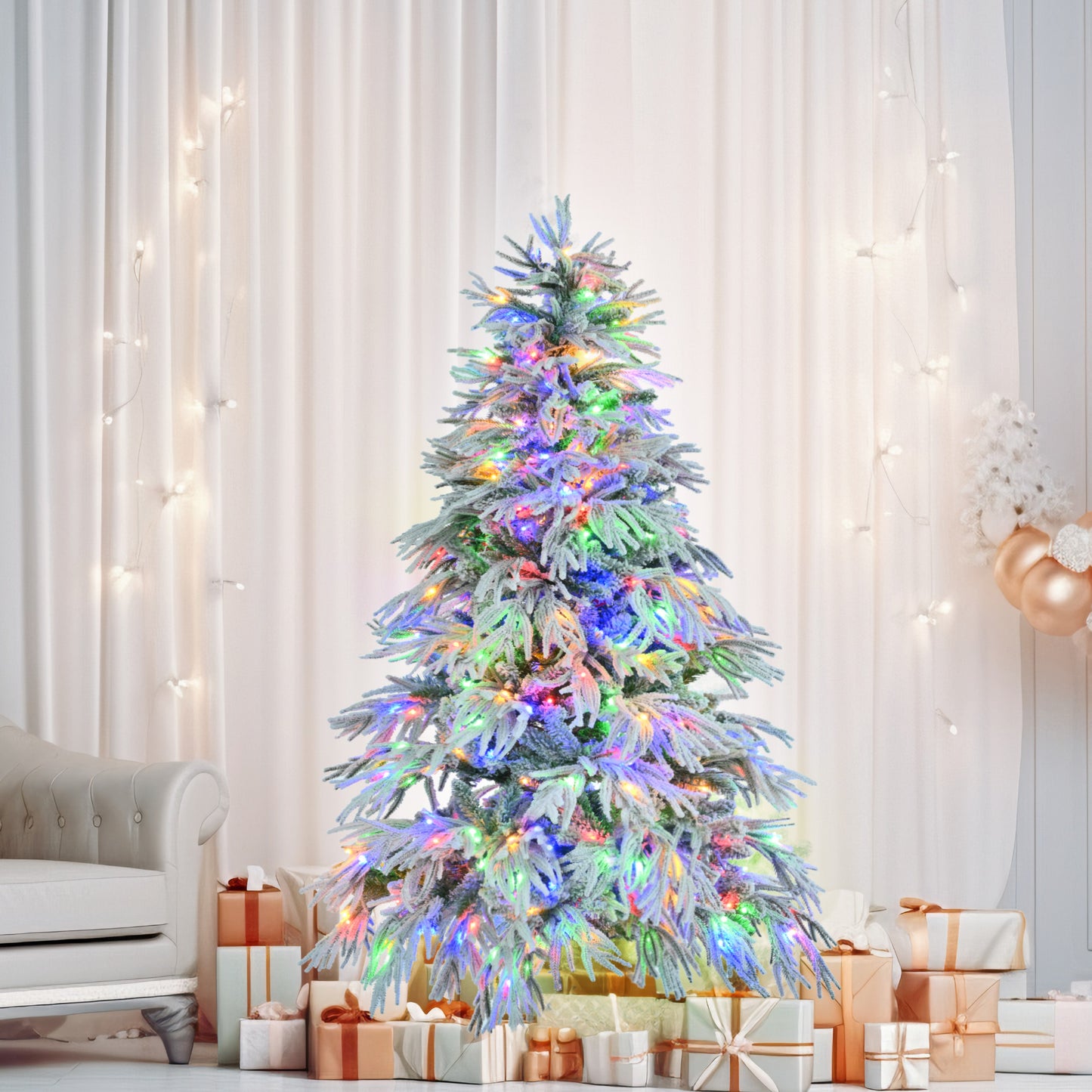 6 Feet Pre-installed Spruce Snow Cover Christmas Tree With 300 Multi-color LED Lights