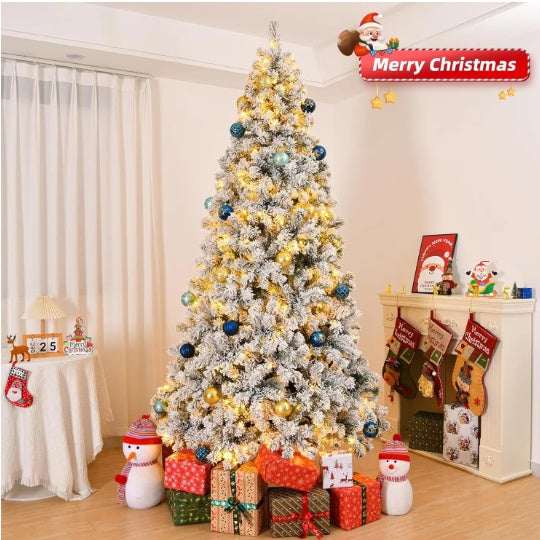 6ft Pre-Lit Snow Flocked Christmas Tree, Holiday Artificial Christmas Tree With  Branch Tips, 250 Warm White Lights