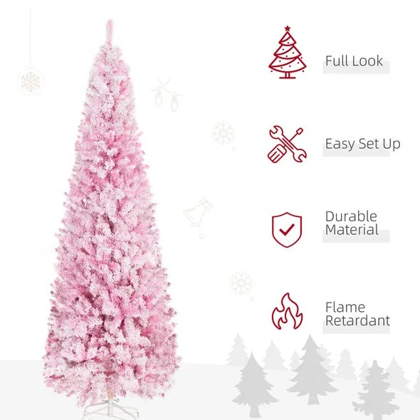 7.5' Tall Unlit Snow Flocked Artificial Christmas Tree Slim Pencil Xmas Tree With Pine Shape And Realistic Branches, Pink