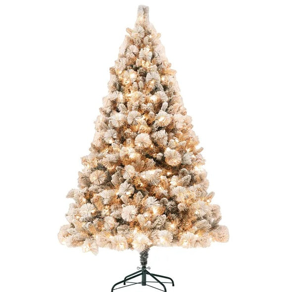 HOMCOM 6.5 Ft Pre-Lit Artificial Christmas Tree With 350 Clear Lights And 1107 Tips, Snow Flocked Christmas Tree With Metal Stand, Hinged Xmas Tree For Home Office Holiday, Green