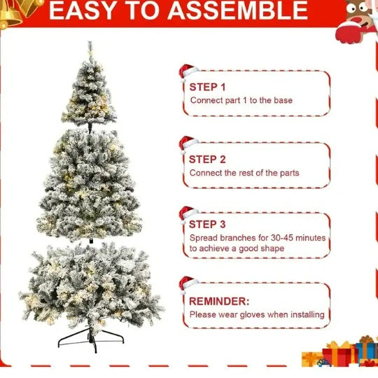 6ft Pre-Lit Snow Flocked Christmas Tree, Holiday Artificial Christmas Tree With  Branch Tips, 250 Warm White Lights