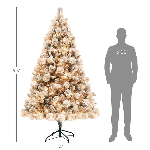 HOMCOM 6.5 Ft Pre-Lit Artificial Christmas Tree With 350 Clear Lights And 1107 Tips, Snow Flocked Christmas Tree With Metal Stand, Hinged Xmas Tree For Home Office Holiday, Green