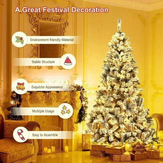 6ft Pre-Lit Snow Flocked Christmas Tree, Holiday Artificial Christmas Tree With  Branch Tips, 250 Warm White Lights