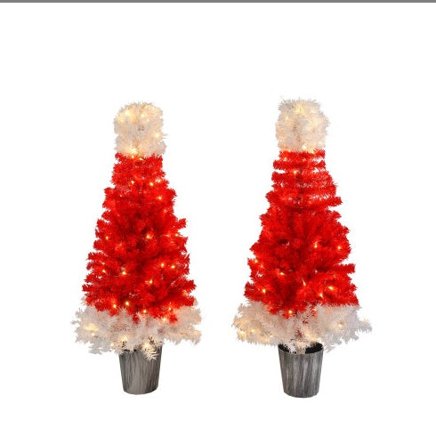 Lighted Santa Hat Style Christmas Tree Set Of 2, 4ft Artificial Tree With Warm White Lights, Christmas Tree For Decoration Inside And Outside